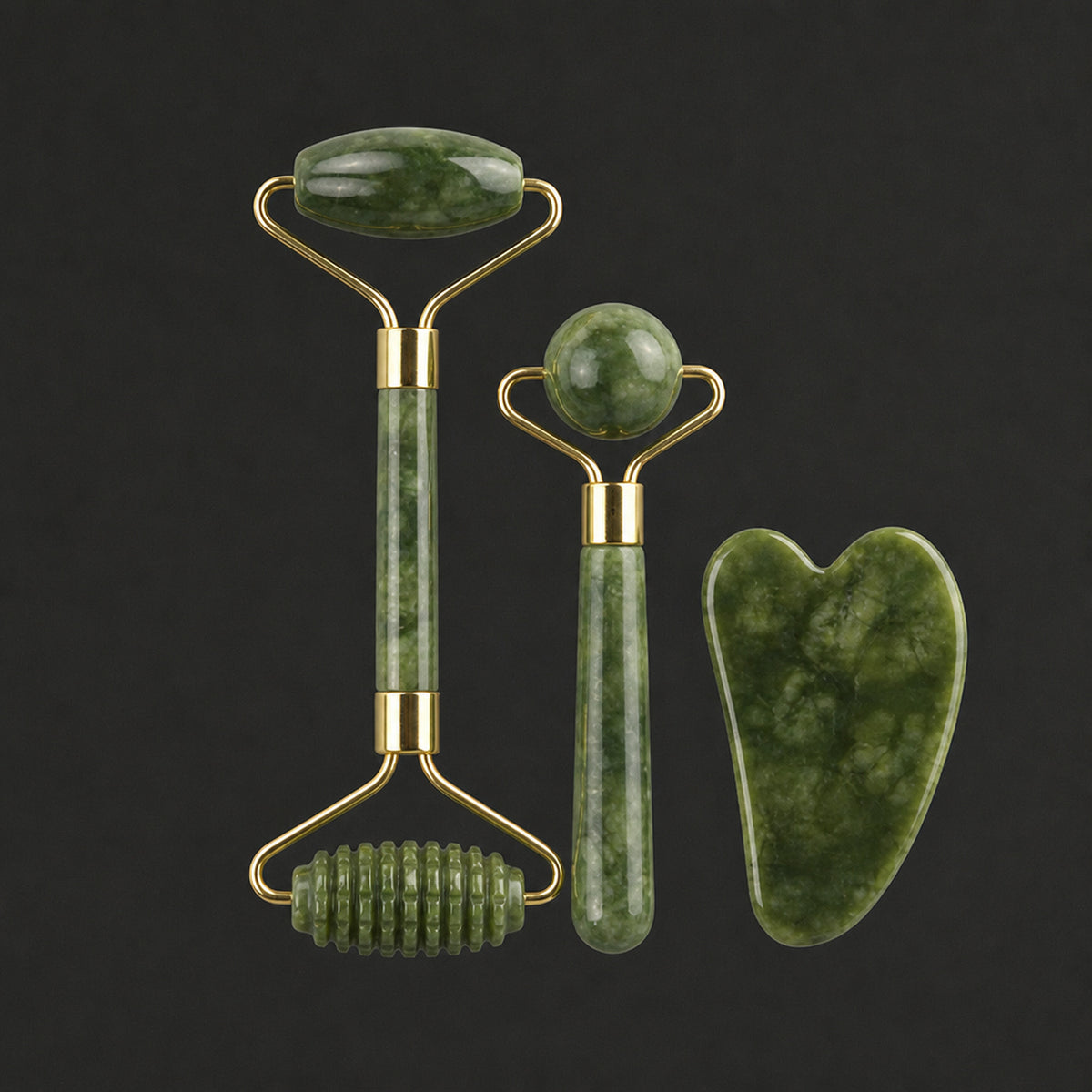 Stone Facial Gift Set, dark green jade dual roller, ball roller and gua sha