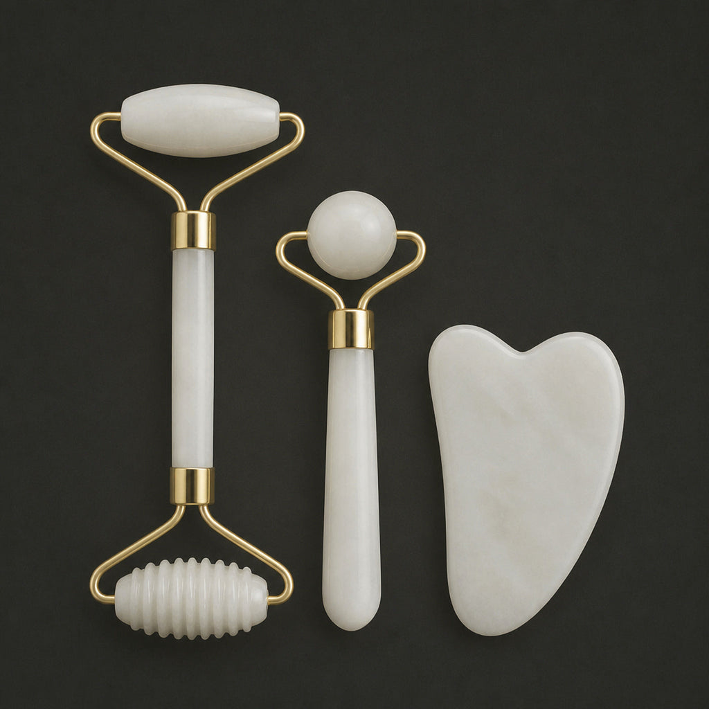 Stone Facial Gift Set, white jade dual roller, ball roller and gua sha with gold accents