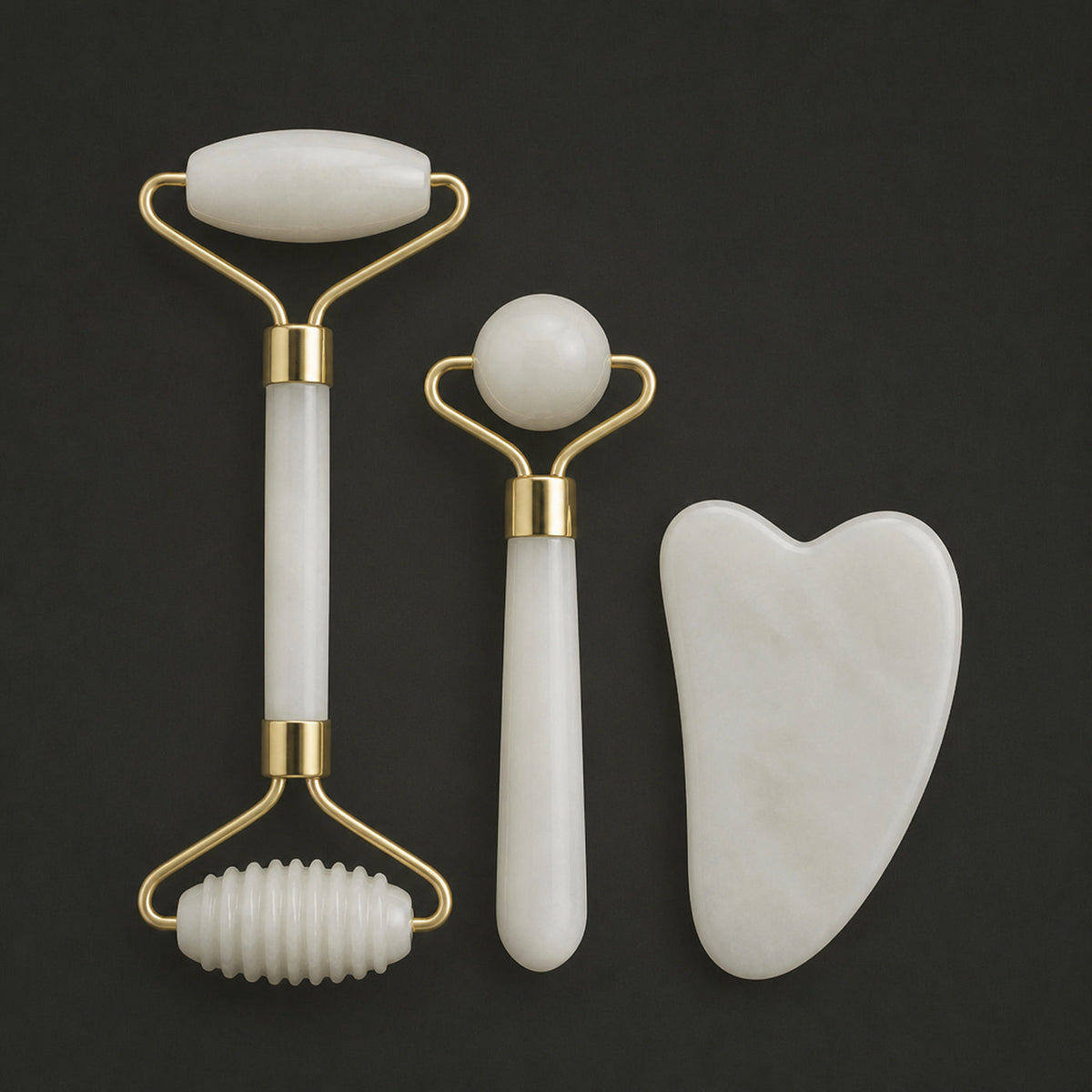 Stone Facial Gift Set, white jade dual roller, ball roller and gua sha with gold accents